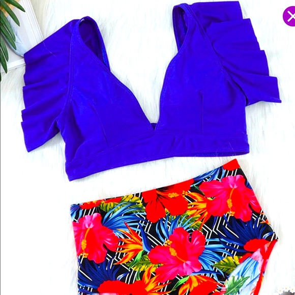 BRAND NEW Royal Blue Ruffle V Neck Bikini Top and Floral High-Waist Bottoms - Picture 4 of 4